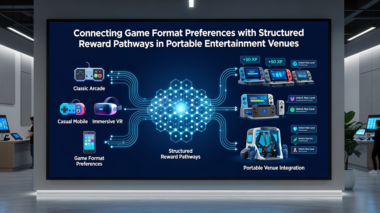 Infographic illustrating reward pathway progression from game format selection to loyalty tier benefits on handheld screens