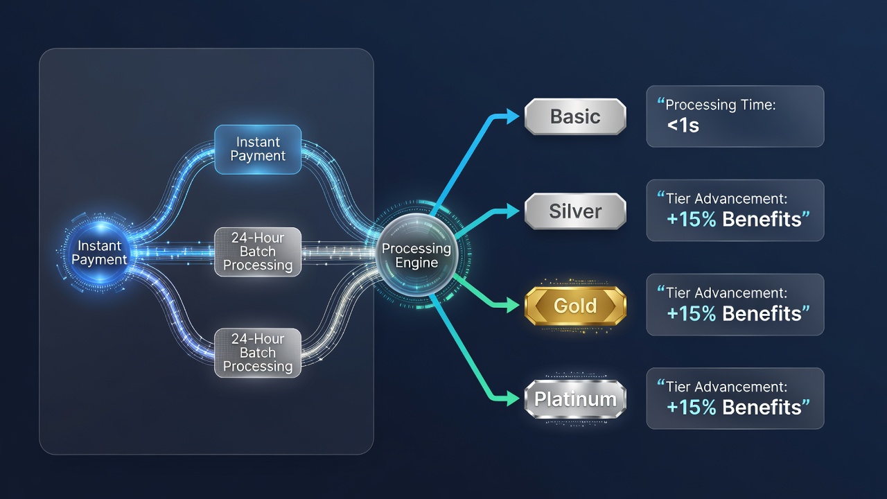 User interface showing tier advancement progress alongside transaction status indicators on a mobile casino app