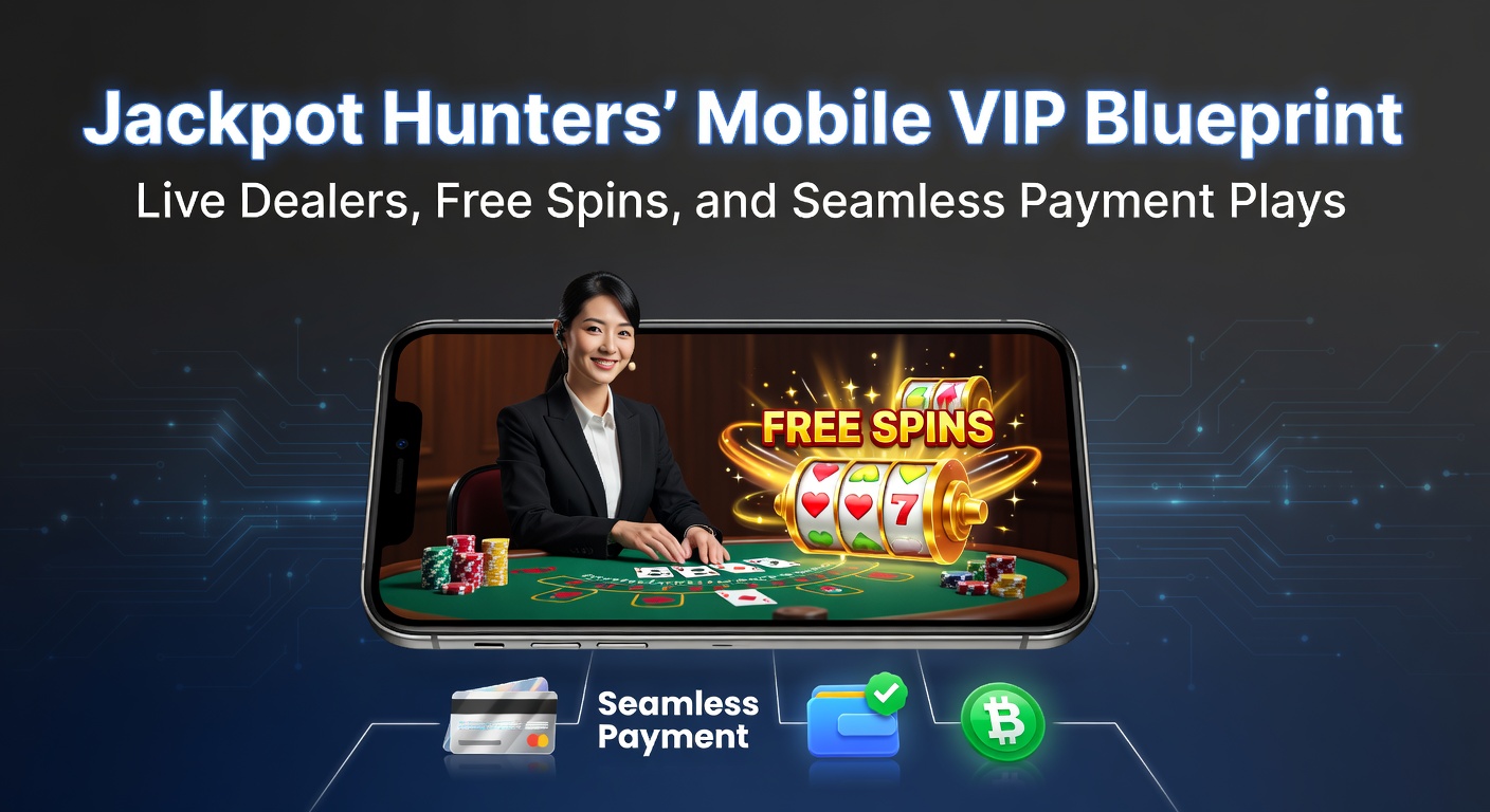 Vibrant screenshot of the Jackpot Hunters mobile app interface, highlighting a live dealer blackjack table with VIP free spin promotions overlaid