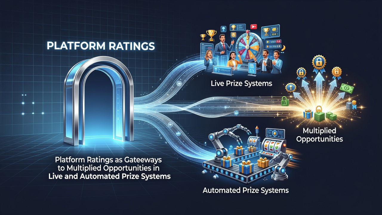 Automated prize system interface displaying rating progression and multiplied reward opportunities