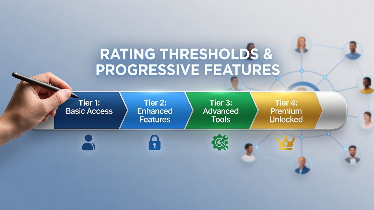 Diagram showing rating thresholds and progressive feature unlocks in member platforms