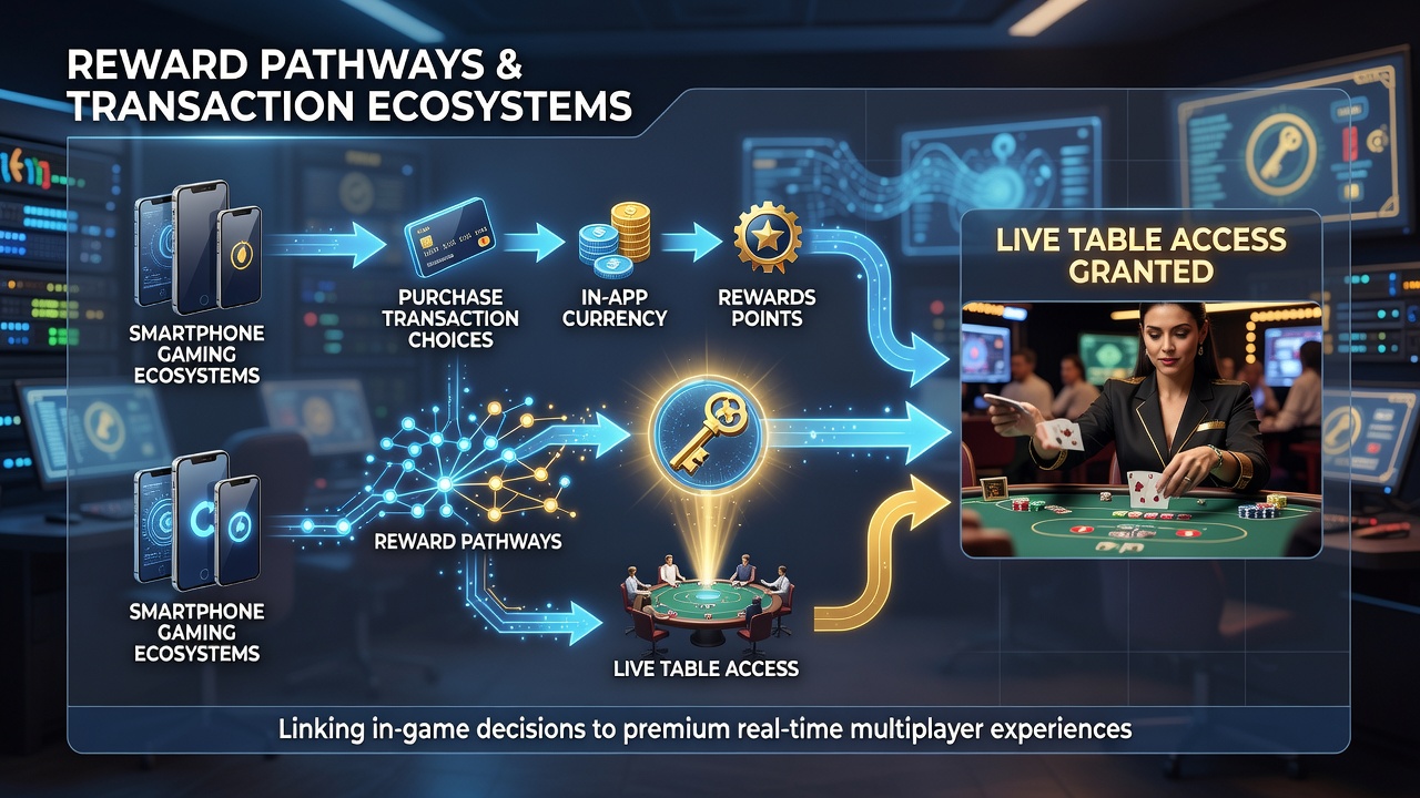 Mobile app interface showing reward tiers leading to live dealer table access