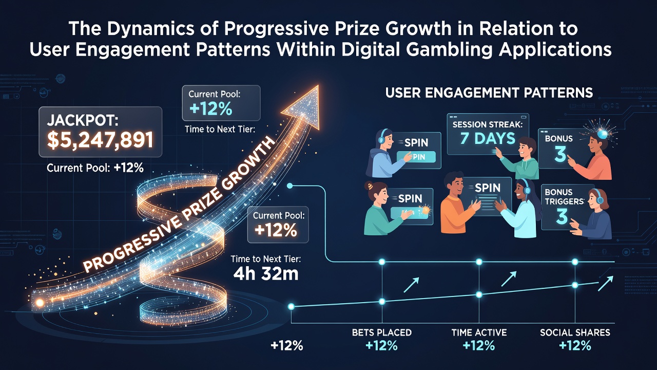 Digital gambling application interface displaying growing progressive jackpot meters alongside user engagement metrics and active player sessions