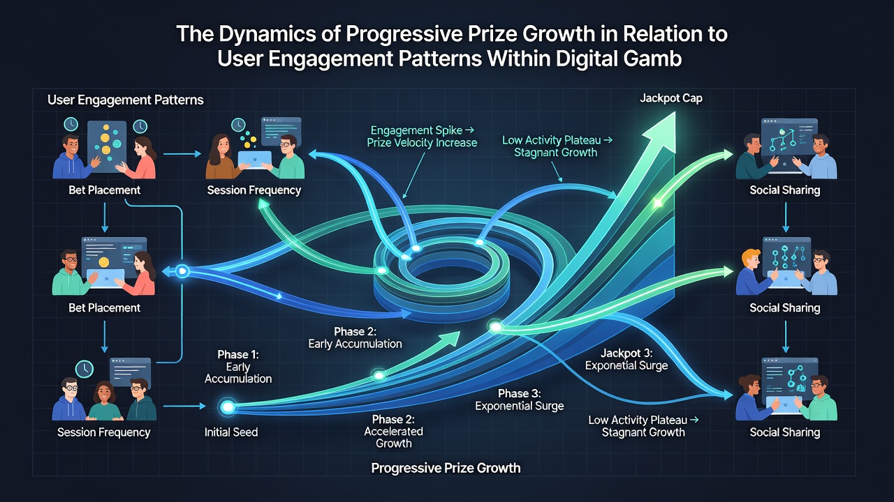 Analytics dashboard showing correlations between progressive jackpot growth rates and user session duration in a digital gambling platform
